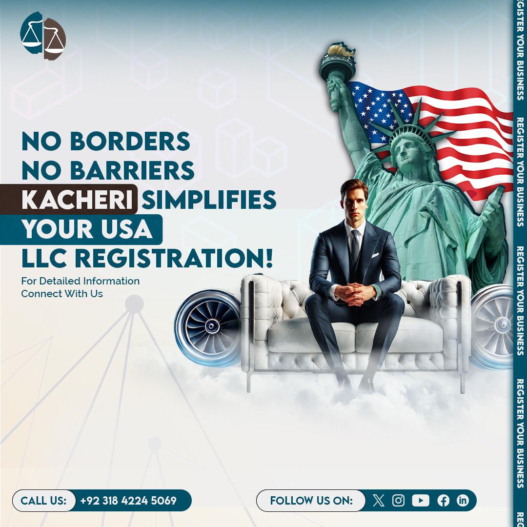 Kacheri USA LLC registration ad with businessman, Statue of Liberty and US flag